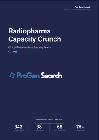 Front cover of The Radiopharma Capacity Crunch: Clinical Pipeline vs Manufacturing Reality, ProGen Search