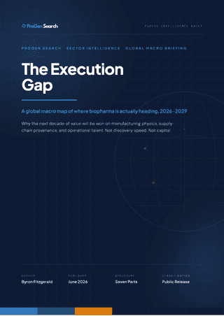 Front cover of The Execution Gap: A Global Macro Map of Where Biopharma Is Actually Heading, 2026-2029, ProGen Search
