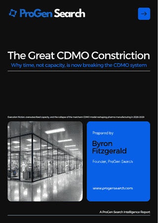 Front cover of The Great CDMO Constriction – Why time, not capacity, is now breaking the CDMO system, ProGen Search